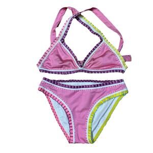 PQ Kids Girl's 14 Pink Embroidered Pink Triangle Bikini Top Bottom Swimwear